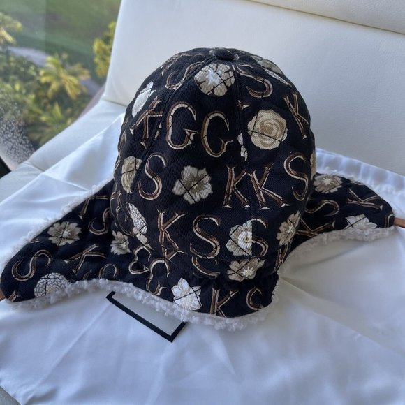 NEW GUCCI X KEN SCOTT Canvas Shearling Floral Print Cap Hat Size S Multicolor - Picture 9 of 11